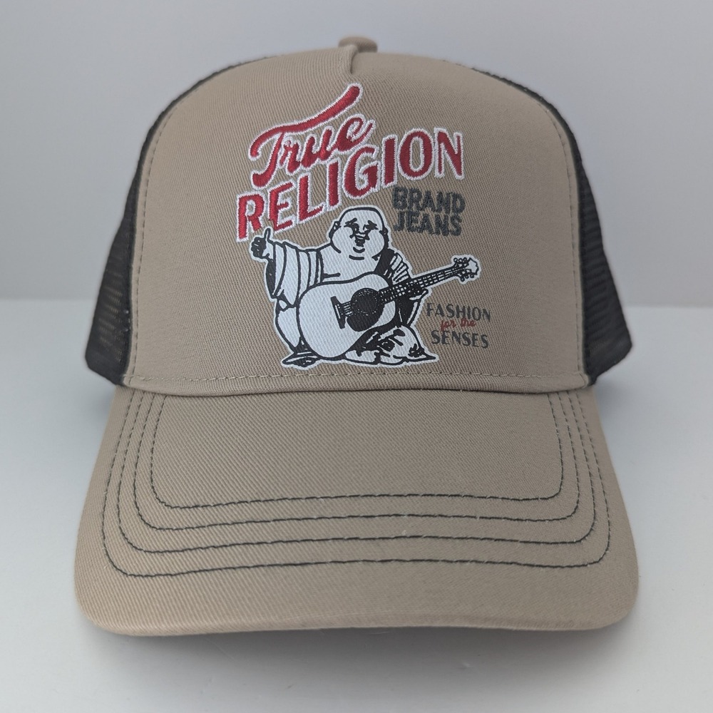True Religion Buddha Embroidered Trucker Hat Travertine Tan Black TR4241 NWT
